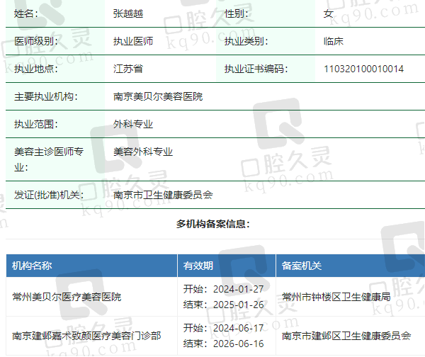 南京美贝尔美容医院张越越医生资质正规